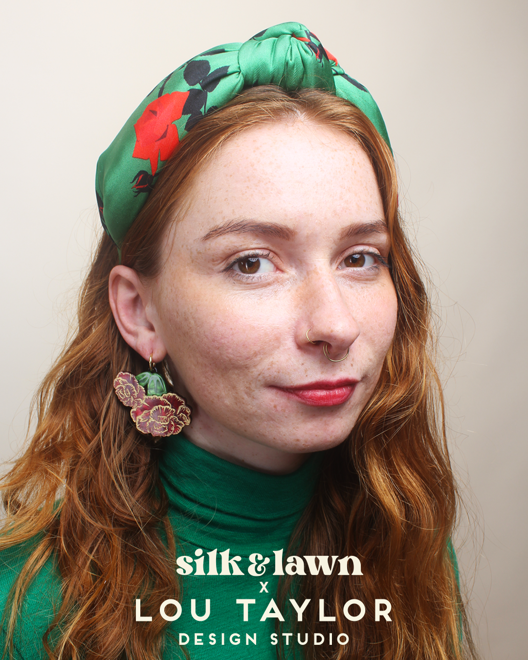 Silk headband - green roses