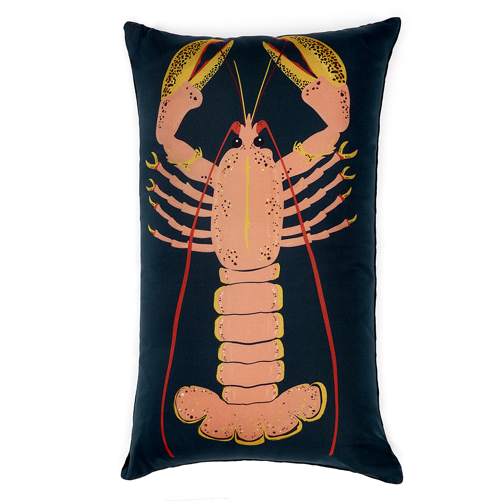 Pink lobster on blue cushion