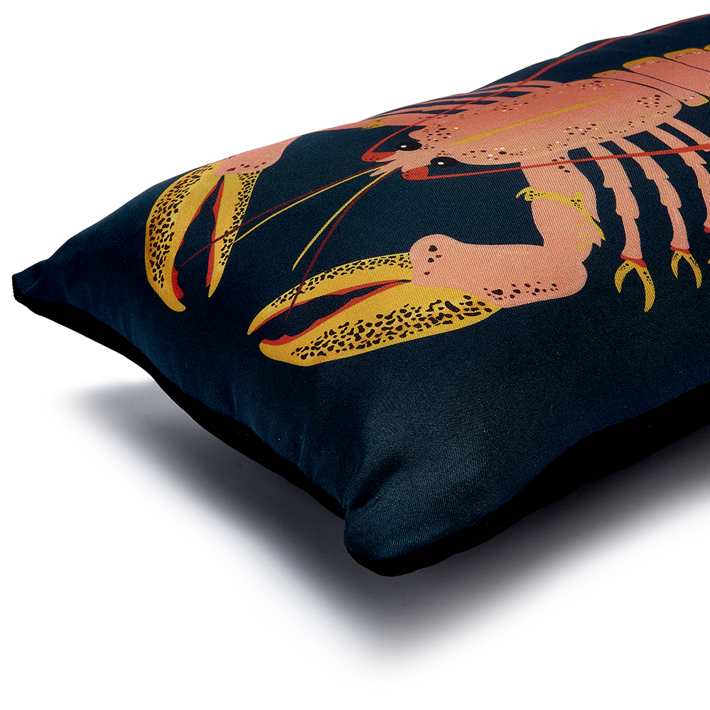 Pink lobster on blue cushion