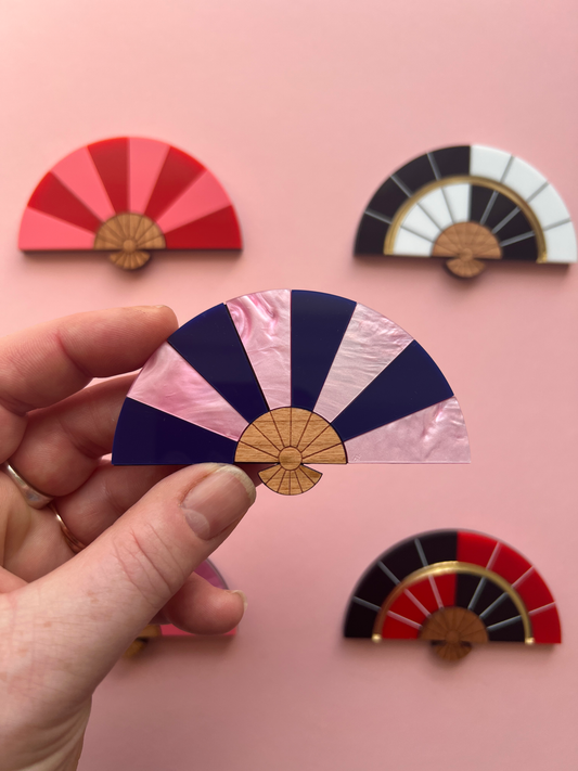 Fan brooch - Blue / Pink Marble Stripe