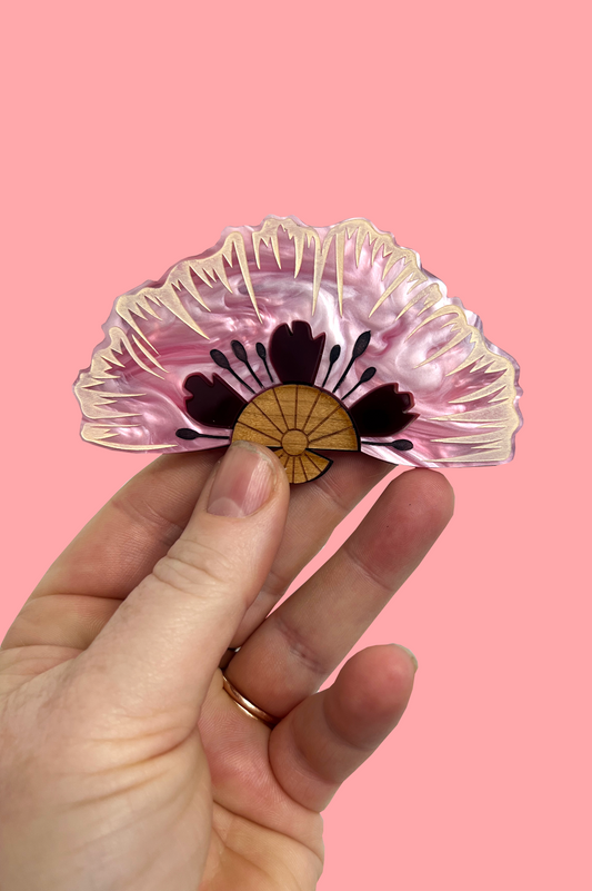 Soft Pink Poppy Fan Brooch