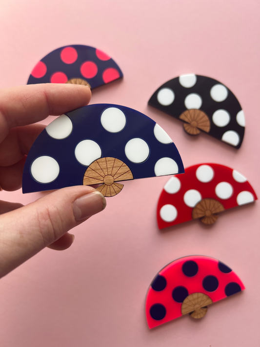 Fan brooch - navy / white polka