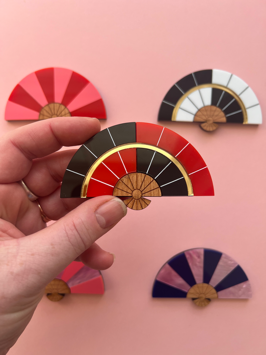 Fan brooch - Red / Black Geometric